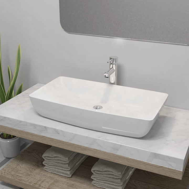 Chiuvetă De Baie Cu Robinet Mixer, Ceramic, Oval, Alb
