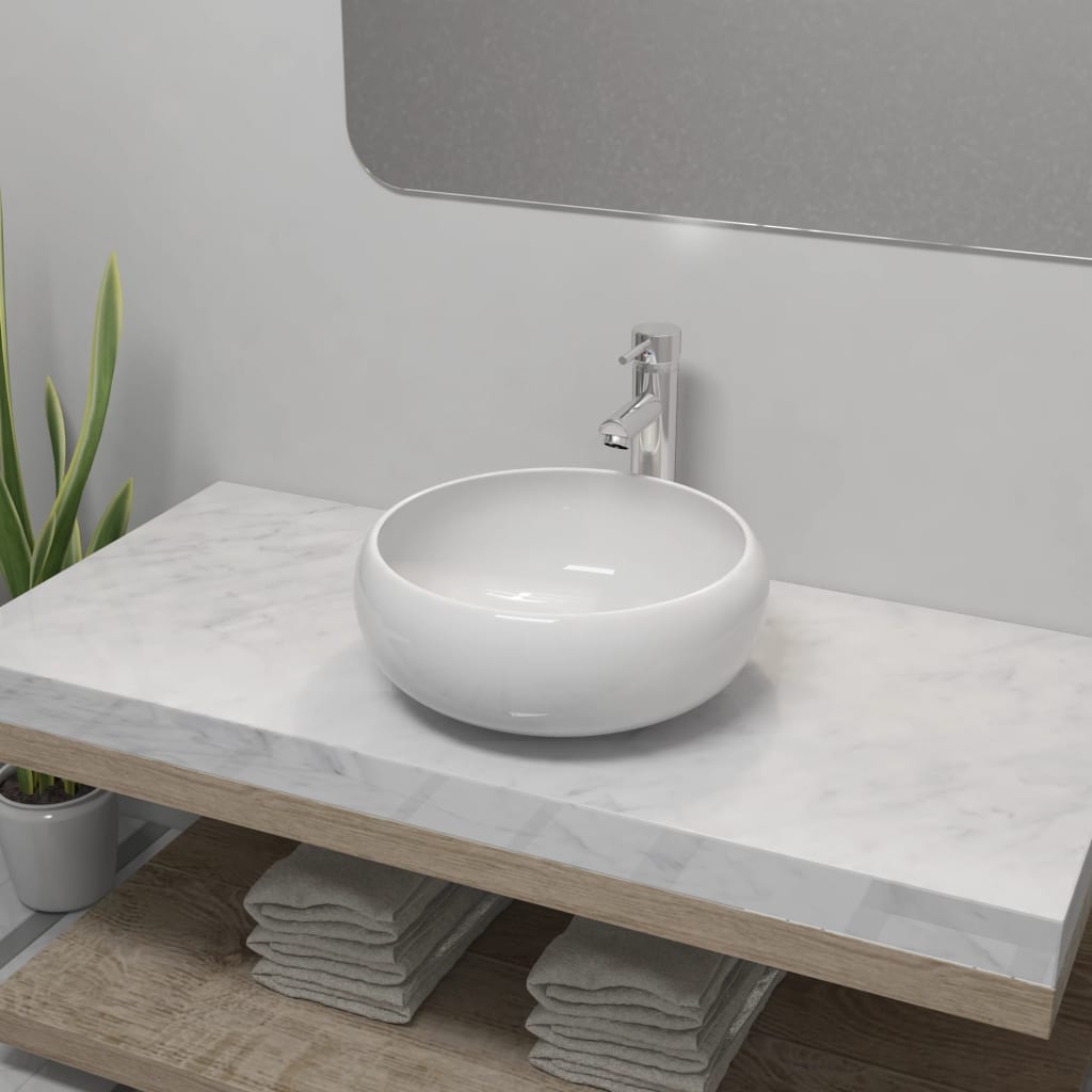 Chiuvetă De Baie Cu Robinet Mixer, Ceramic, Oval, Alb