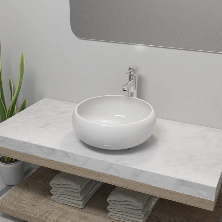 Chiuvetă De Baie Cu Robinet Mixer, Ceramic, Oval, Alb