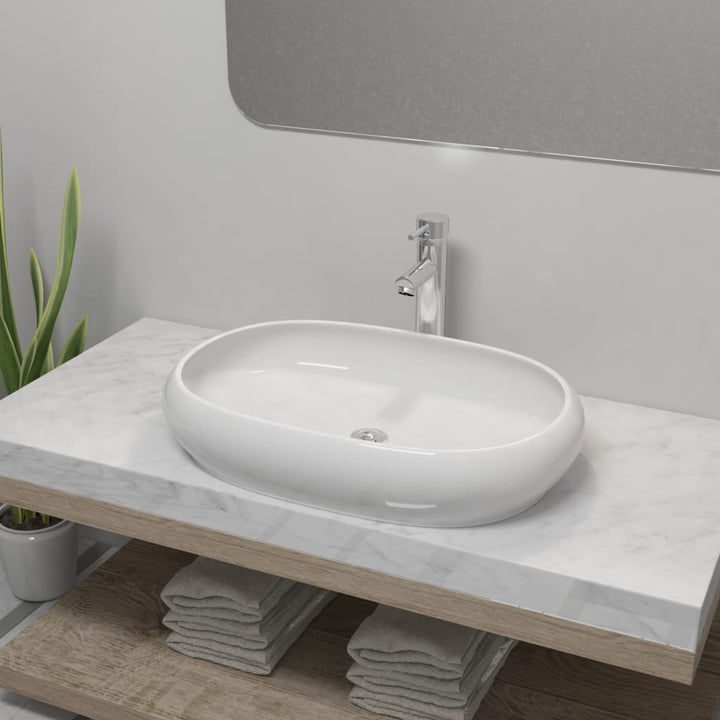 Chiuvetă De Baie Cu Robinet Mixer, Ceramic, Oval, Alb