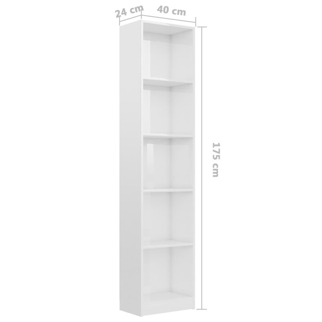 Bibliotecă 5 Rafturi, Alb Lucios, 40X24X, Lemn Prelucrat
