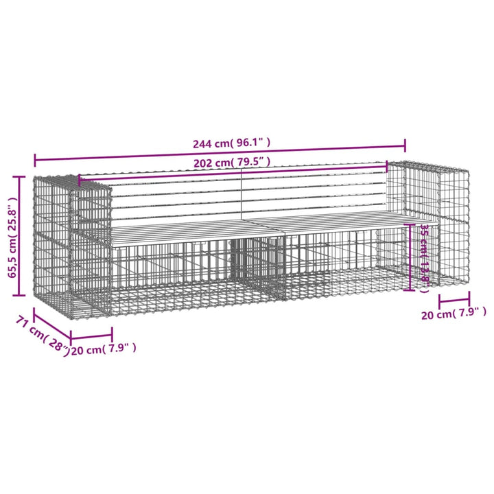 Bancă De Grădină Cu Gabion, 244X71X65,5 Cm, Lemn Masiv De Pin