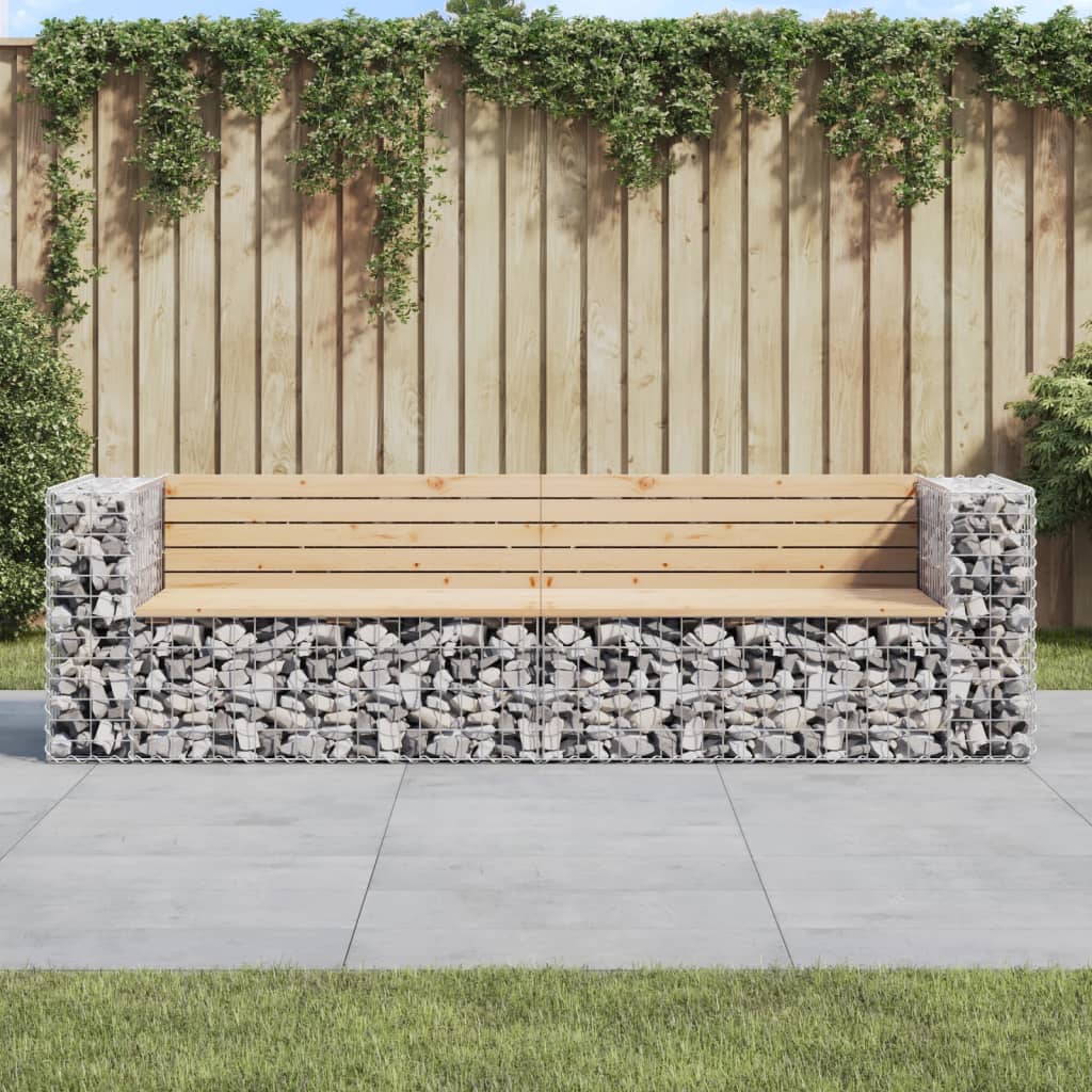 Bancă De Grădină Cu Gabion, 244X71X65,5 Cm, Lemn Masiv De Pin