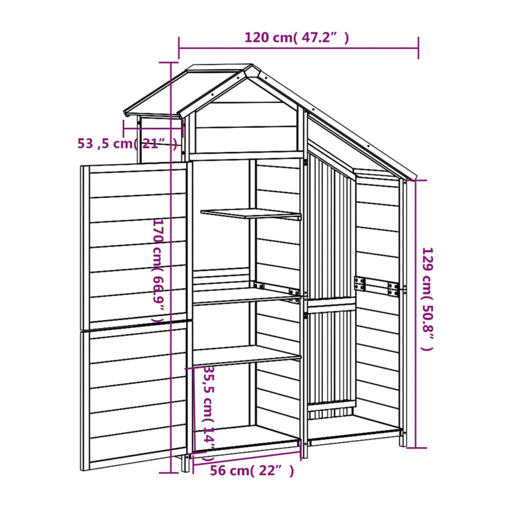Magazie De Unelte De Grădină 120X53,5X170Cm Lemn Masiv Pin