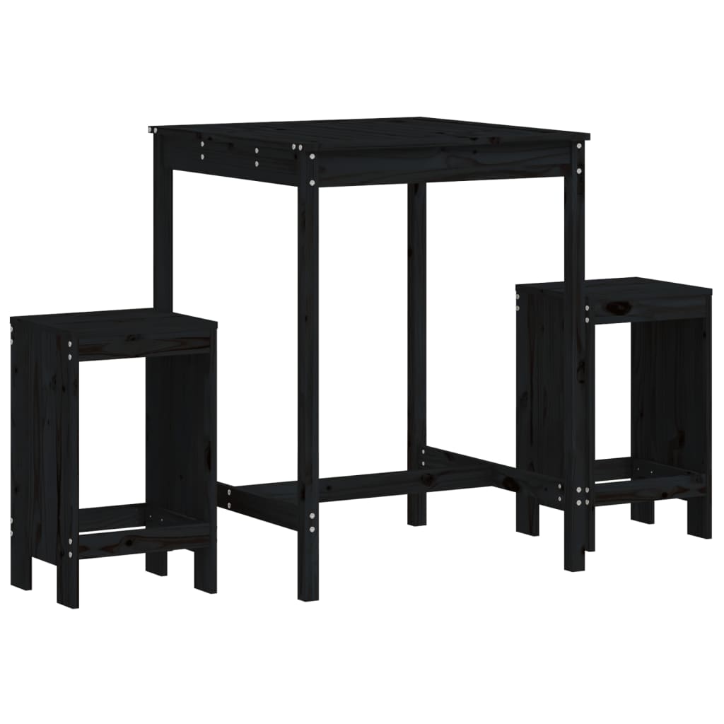 Set Bar De Grădină, 3 Piese, Negru, Lemn Masiv De Pin