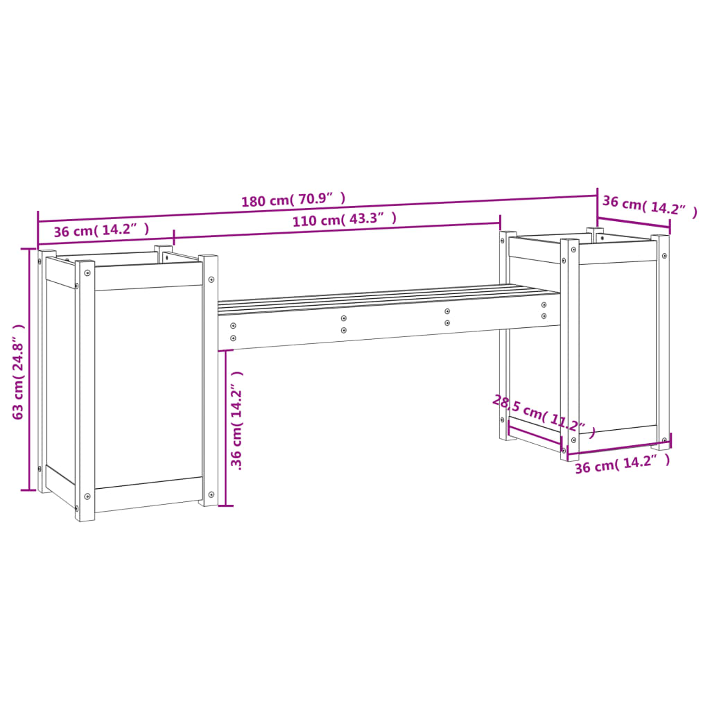 Banchetă Cu Jardiniere, Gri, 180X36X63 Cm, Lemn Masiv De Pin
