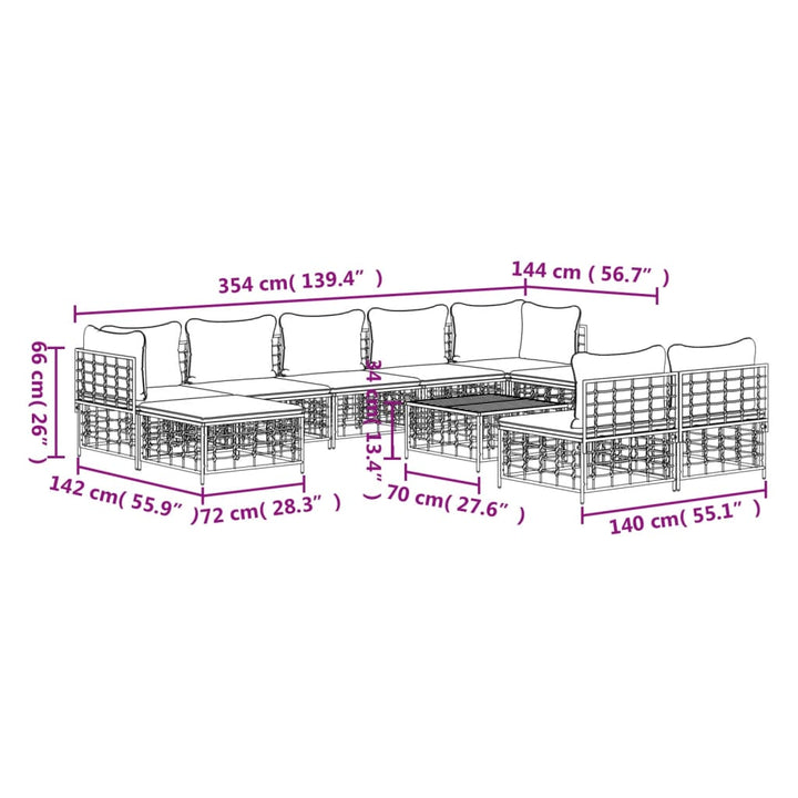 Set Mobilier De Grădină Cu Perne, 10 Piese, Antracit, Poliratan