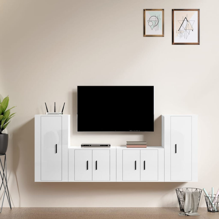Set Dulap Tv, 4 Piese, Alb Extralucios, Lemn Prelucrat