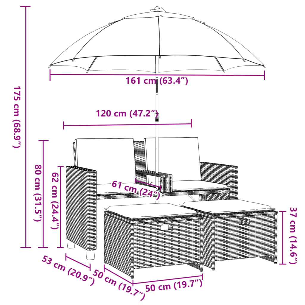 Canapea De Grădină Cu 2 Locuri/Umbrelă/Taburete, , Poliratan