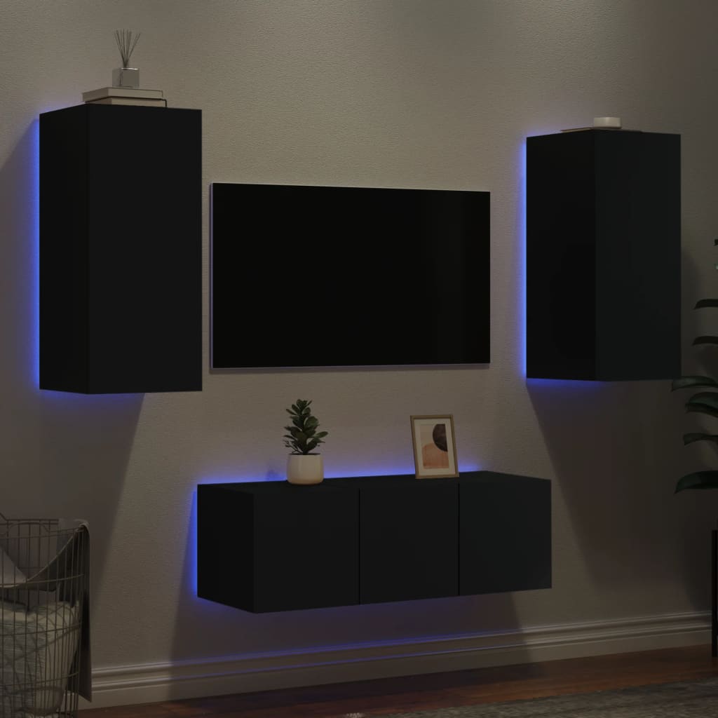 Unități De Perete Tv Cu Led-Uri, 4 Piese, , Lemn