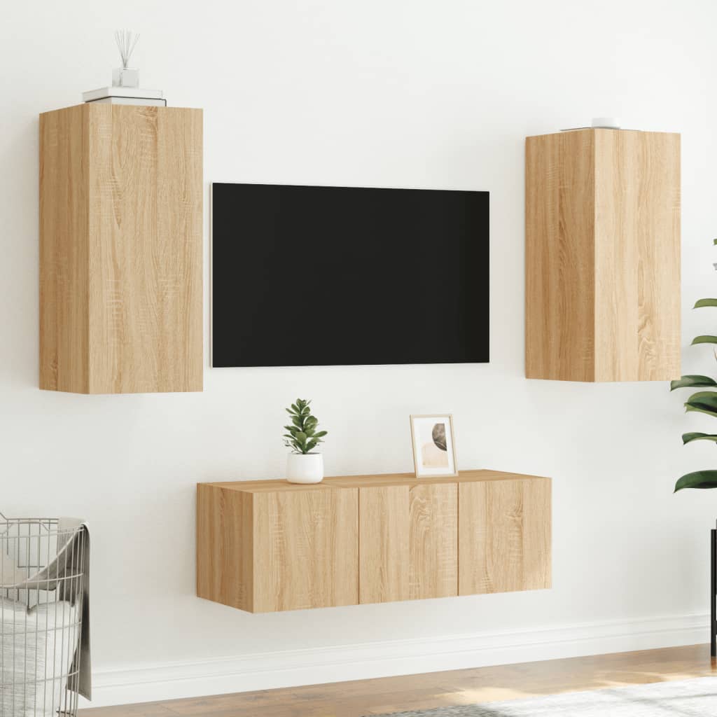 Unități De Perete Tv Cu Led-Uri, 4 Piese, , Lemn