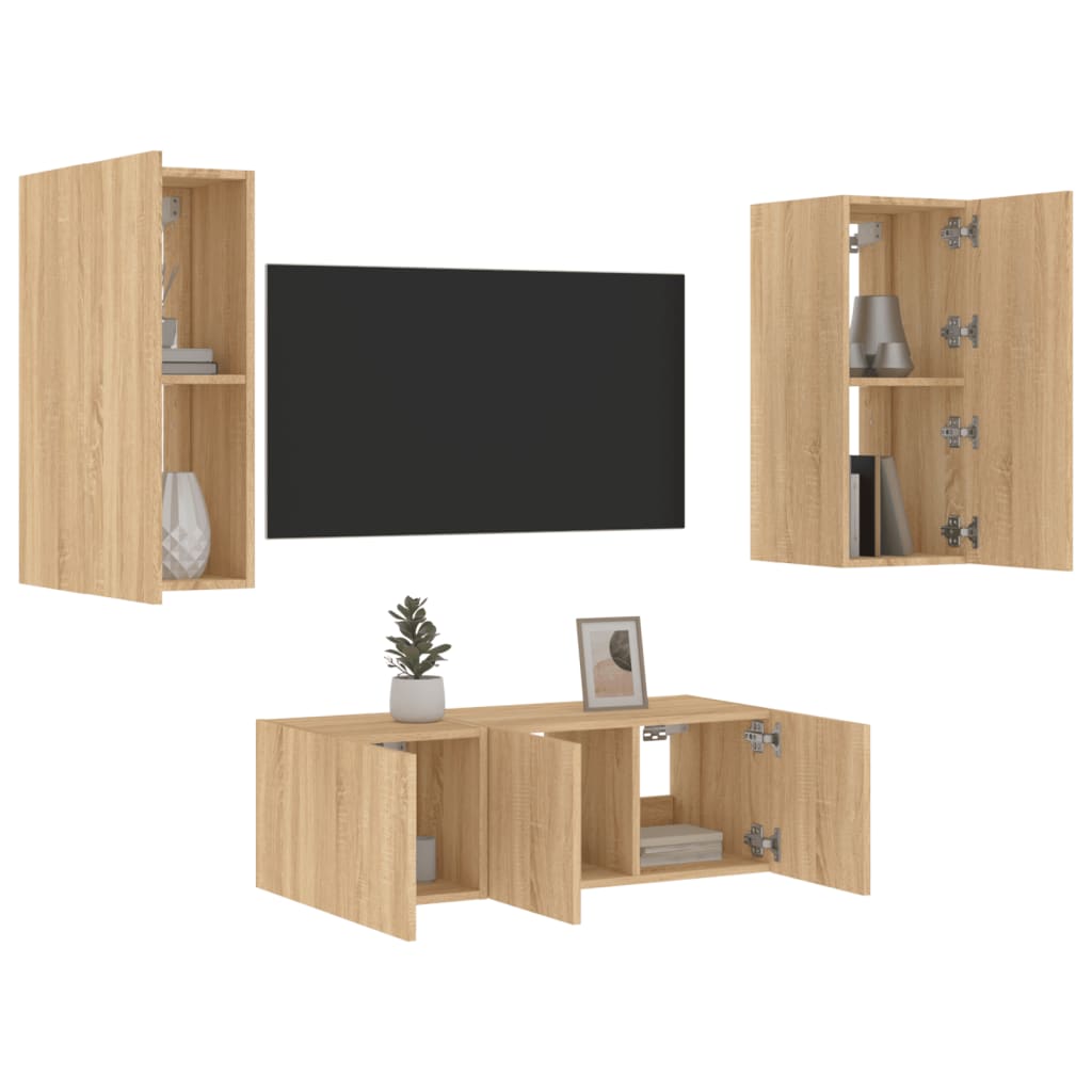 Unități De Perete Tv Cu Led-Uri, 4 Piese, , Lemn