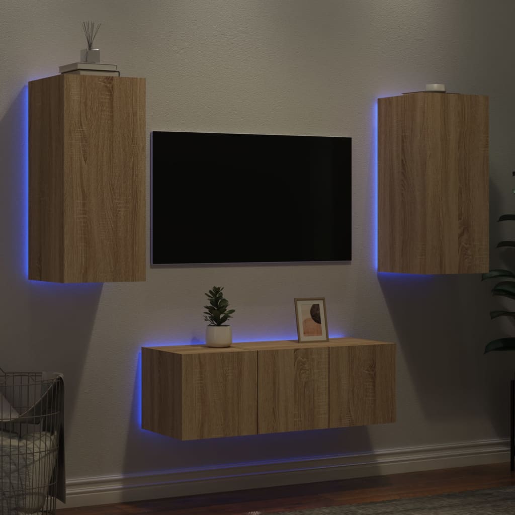 Unități De Perete Tv Cu Led-Uri, 4 Piese, , Lemn