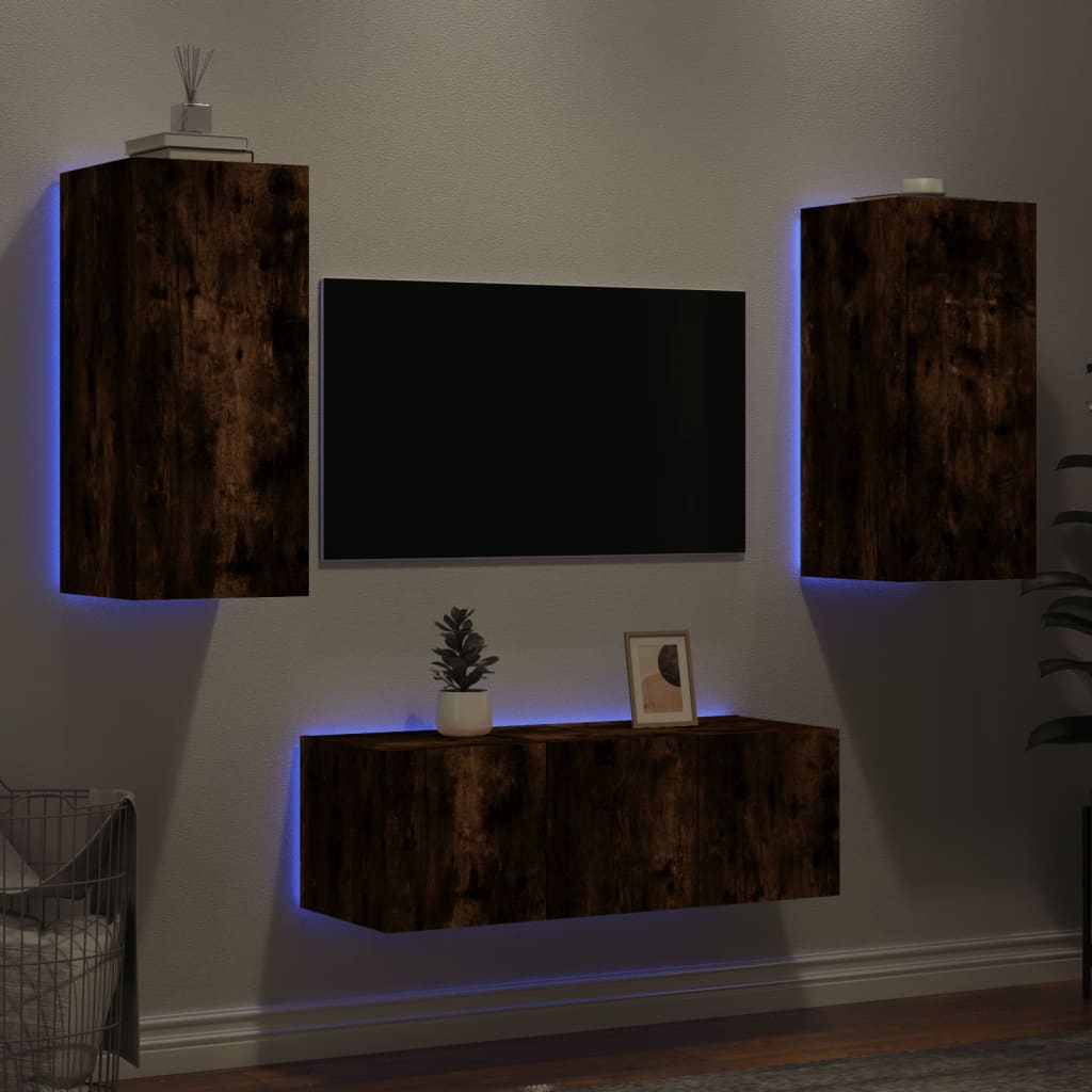 Unități De Perete Tv Cu Led-Uri, 4 Piese, , Lemn
