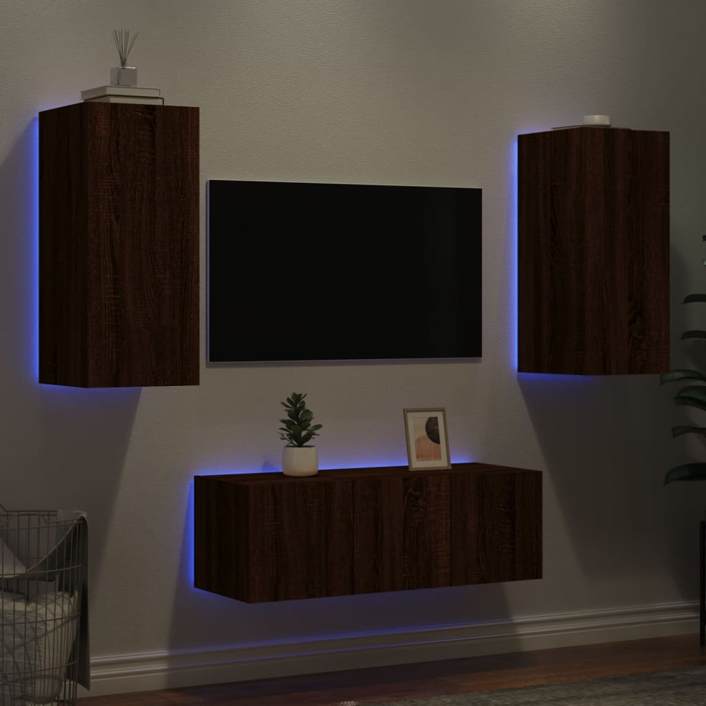 Unități De Perete Tv Cu Led-Uri, 4 Piese, , Lemn