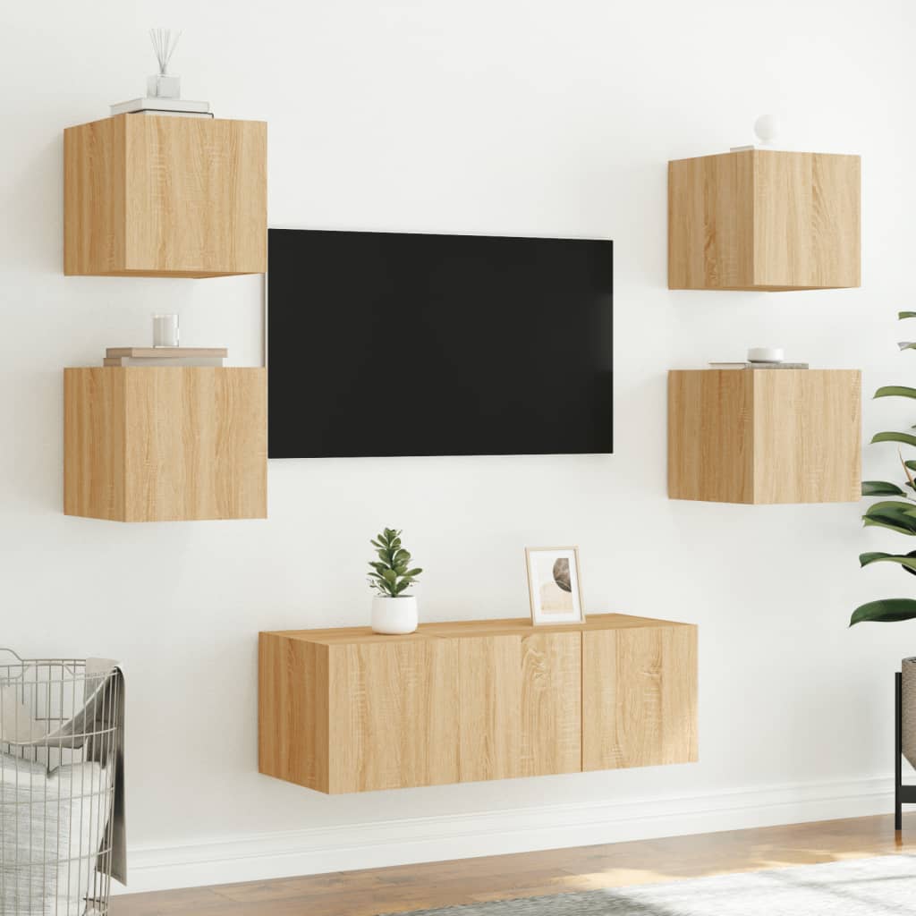 Unități De Perete Tv Cu Led-Uri, 6 Piese, , Lemn