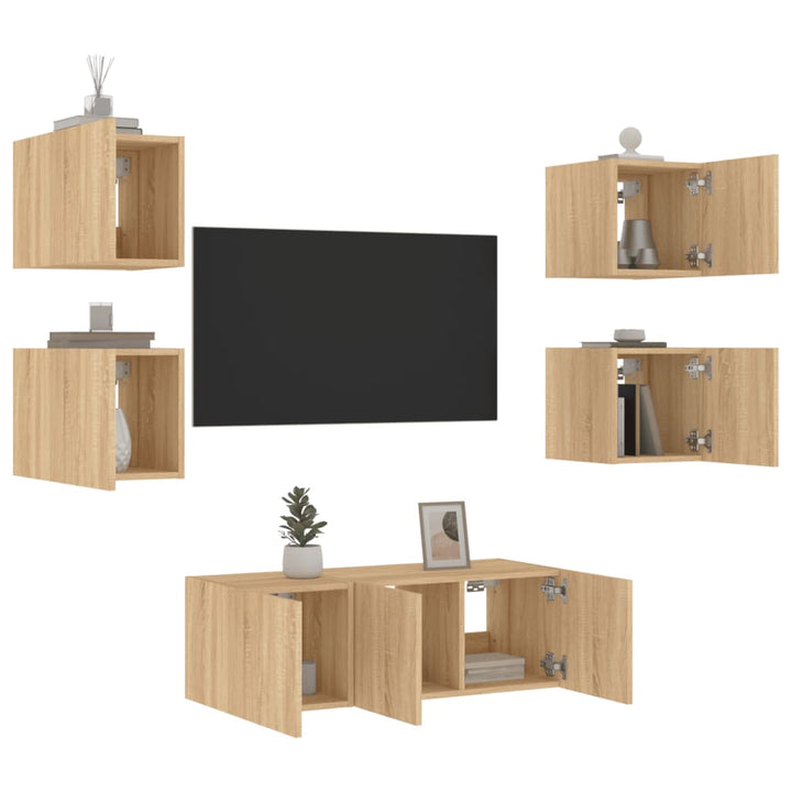 Unități De Perete Tv Cu Led-Uri, 6 Piese, , Lemn