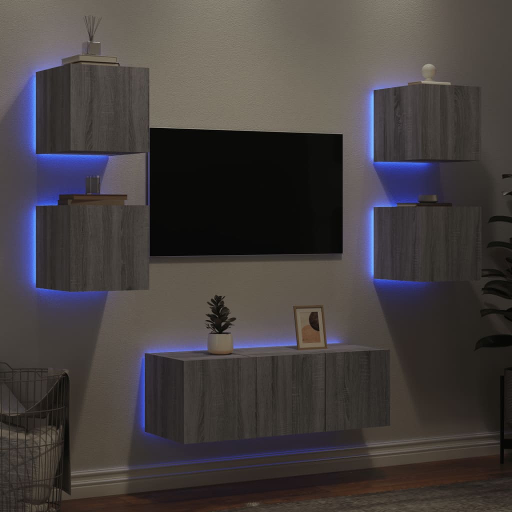Unități De Perete Tv Cu Led-Uri, 6 Piese, , Lemn