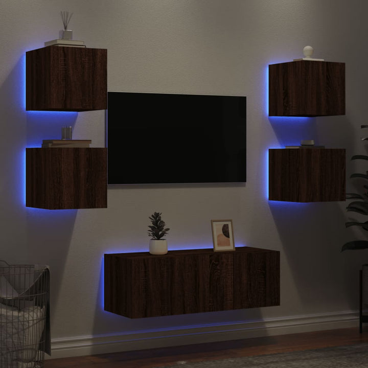 Unități De Perete Tv Cu Led-Uri, 6 Piese, , Lemn