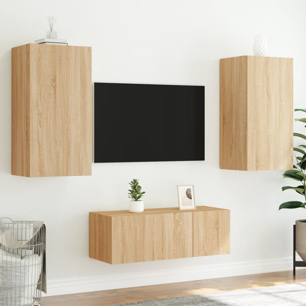 Unități De Perete Tv Cu Led-Uri, 4 Piese, , Lemn