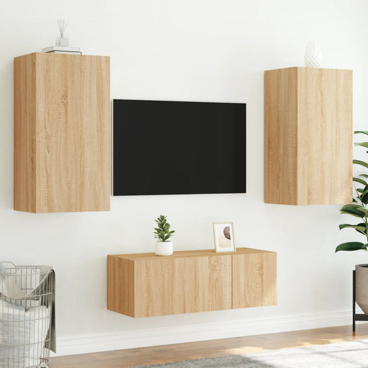 Unități De Perete Tv Cu Led-Uri, 4 Piese, , Lemn