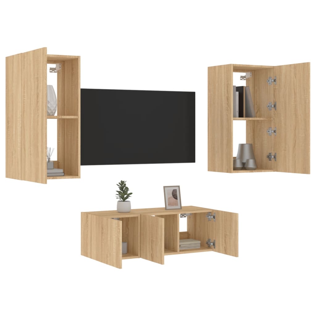 Unități De Perete Tv Cu Led-Uri, 4 Piese, , Lemn