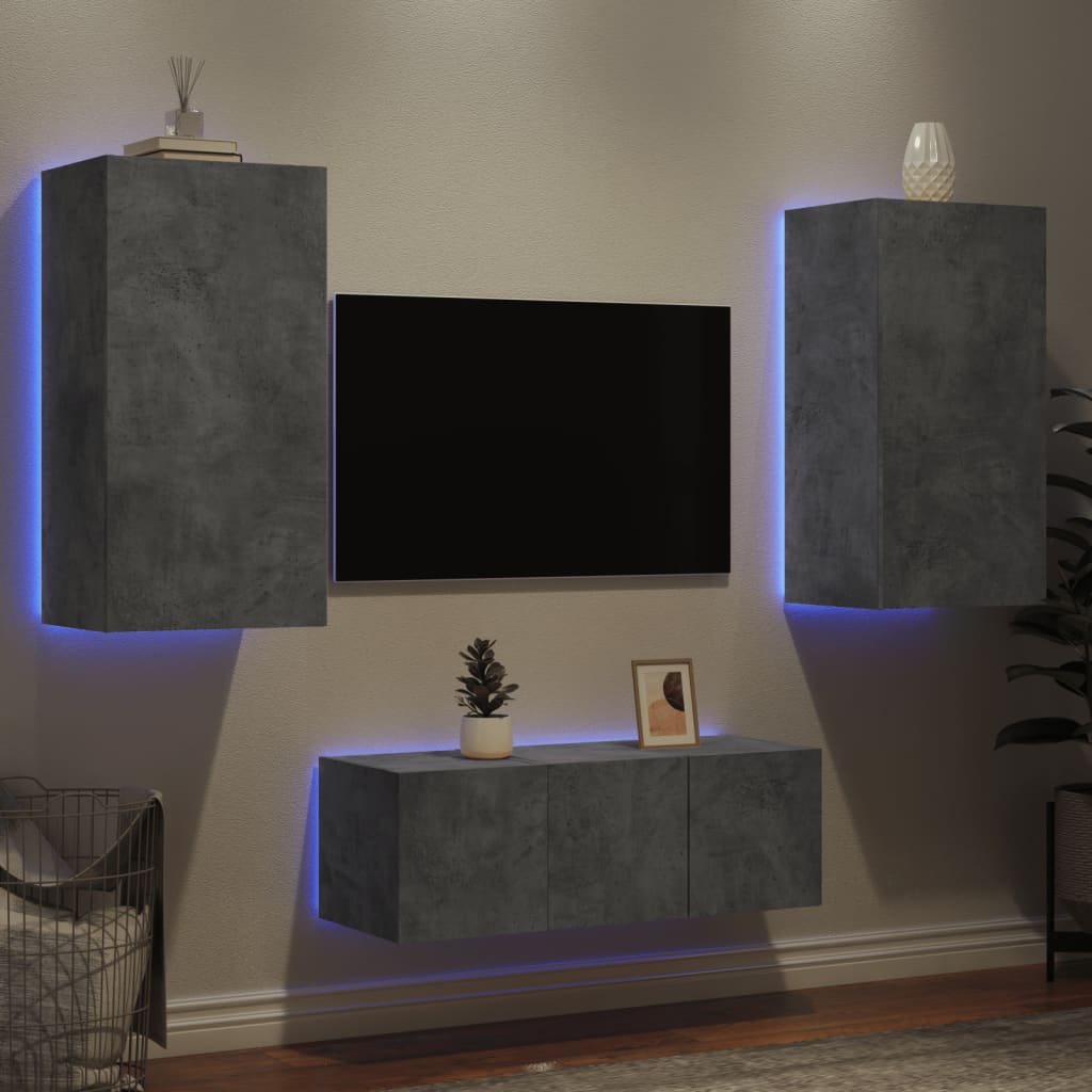 Unități De Perete Tv Cu Led-Uri, 4 Piese, , Lemn