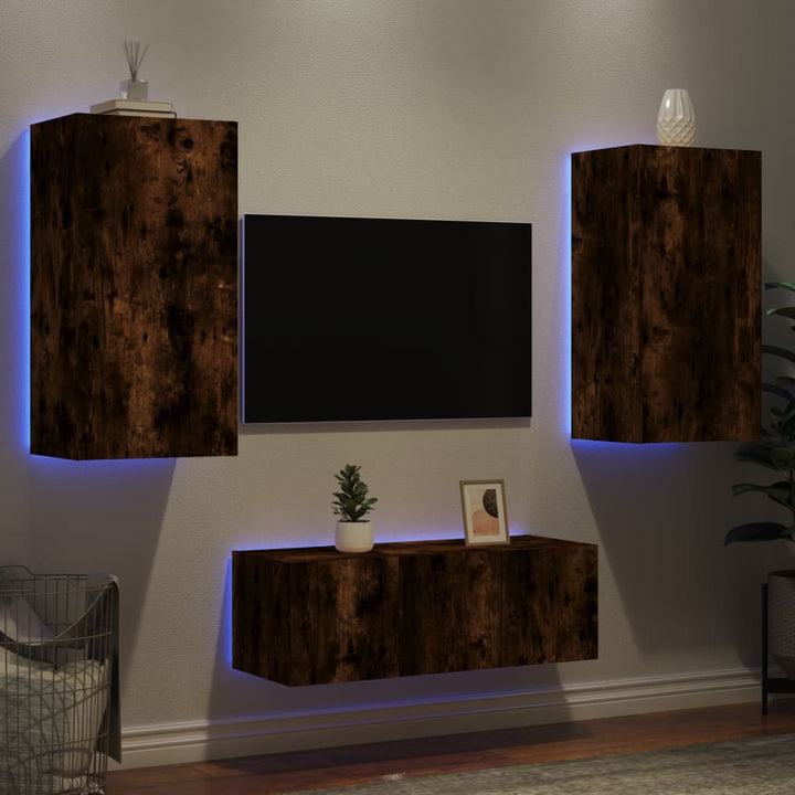 Unități De Perete Tv Cu Led-Uri, 4 Piese, , Lemn