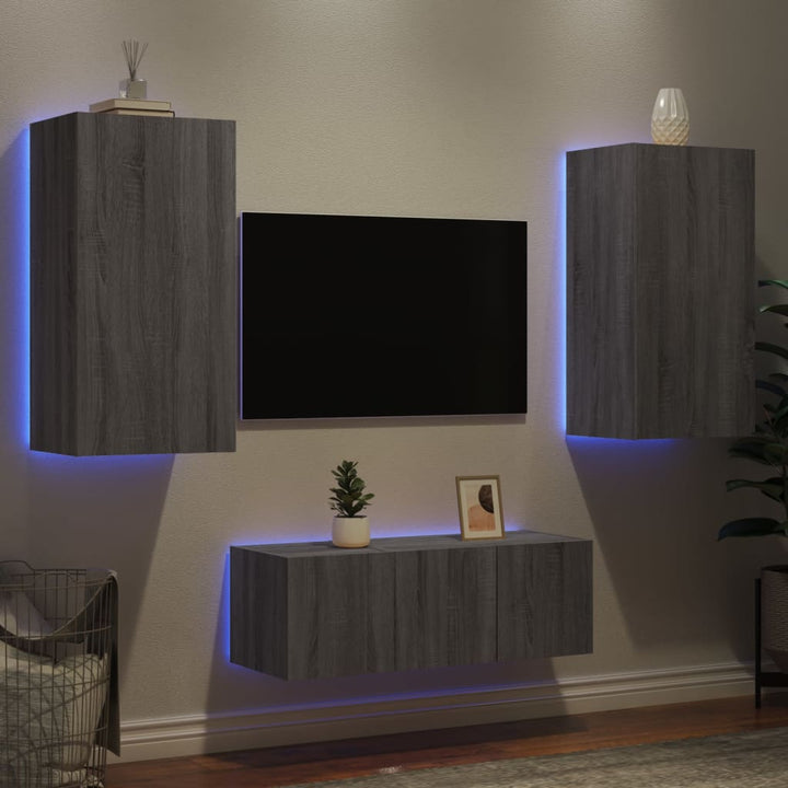 Unități De Perete Tv Cu Led-Uri, 4 Piese, , Lemn