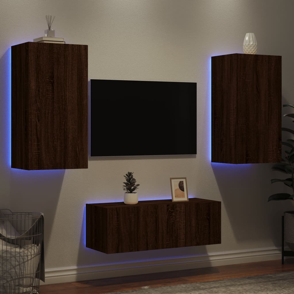 Unități De Perete Tv Cu Led-Uri, 4 Piese, , Lemn