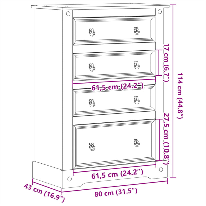 Dulap Cu Sertare „Corona”, 80X43X114 Cm, Lemn Masiv De Pin