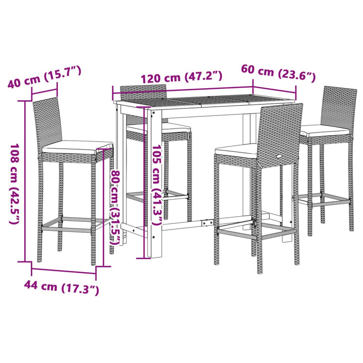 Set Bar De Grădină, 5 Piese, , Lemn Masiv Acacia/ Poliratan