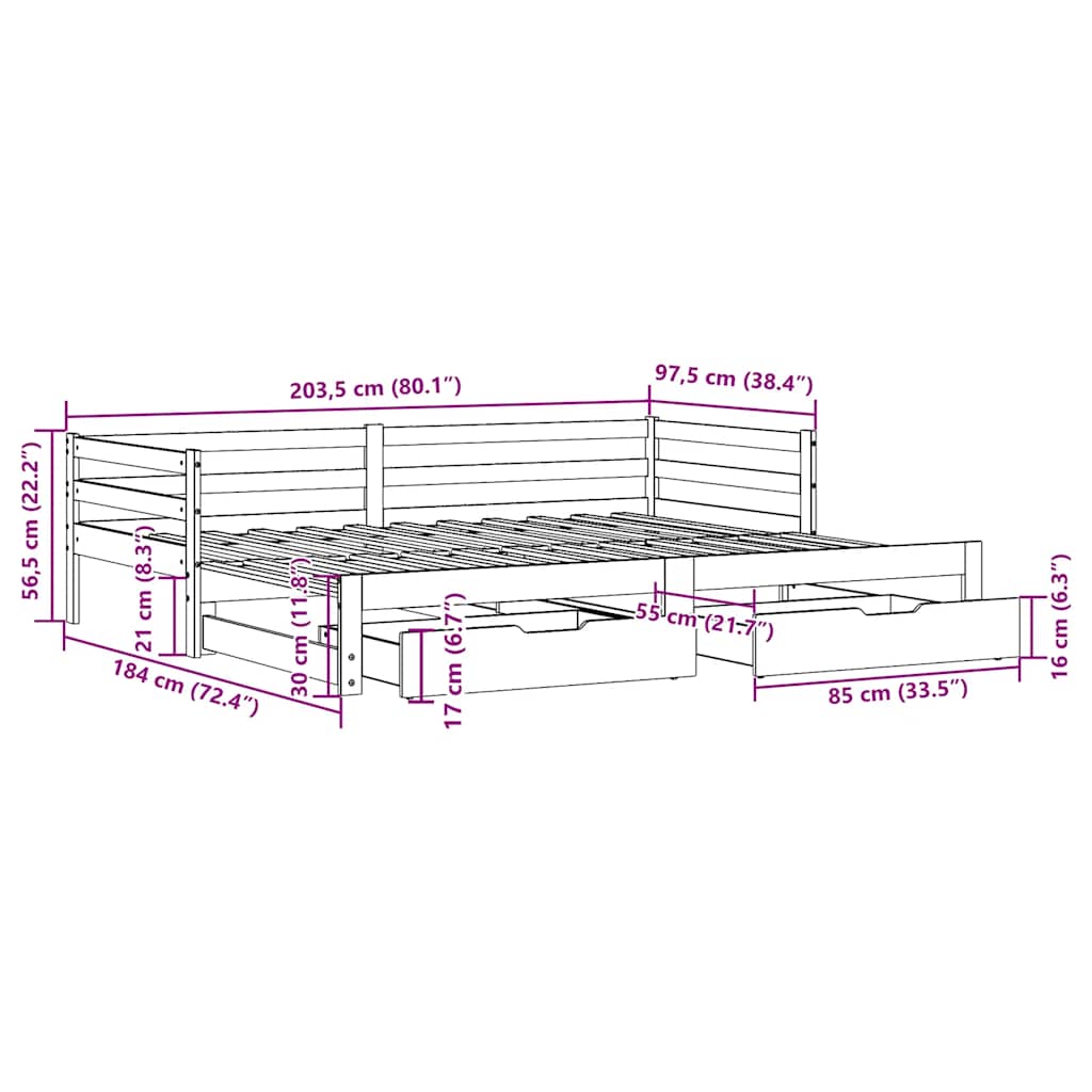 Pat Zi Cu Extensie/Sertare Maro Ceruit 90X200 Cm Lemn Masiv Pin
