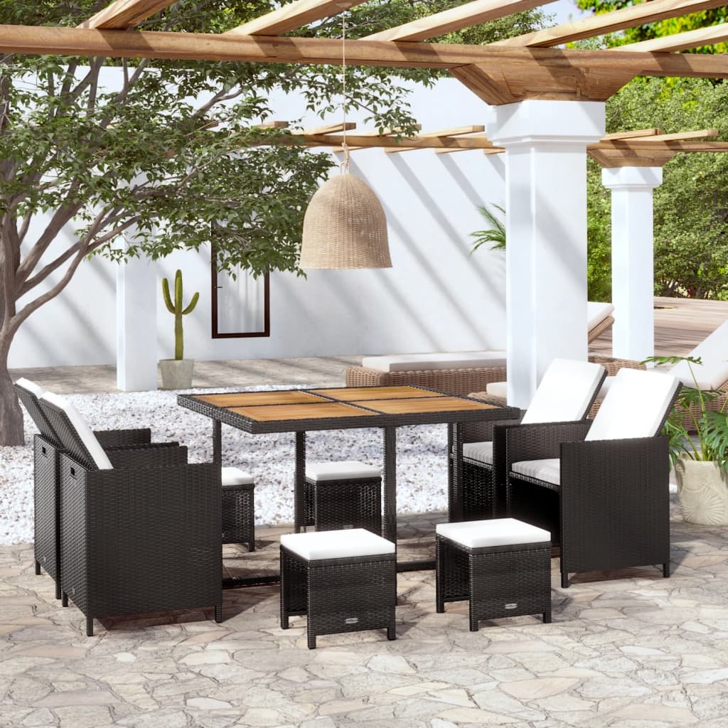 Set Mobilier De Exterior, 5 Piese Negru, Poliratan, Lemn Acacia