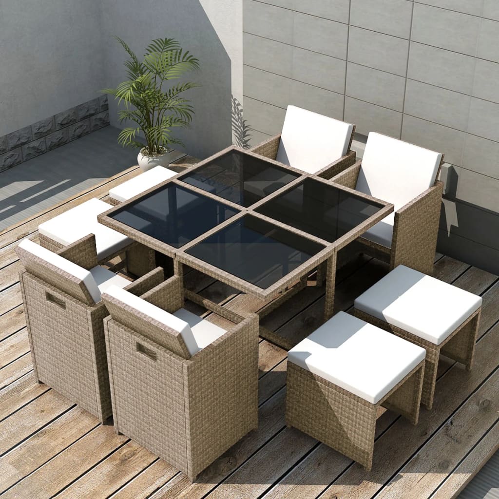 Set Mobilier De Exterior Cu Perne, 11 Piese, Bej, Poliratan