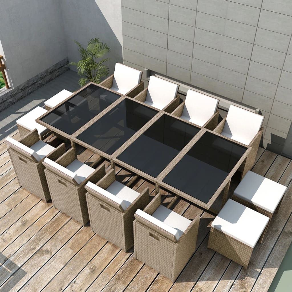 Set Mobilier De Exterior Cu Perne, 11 Piese, Bej, Poliratan