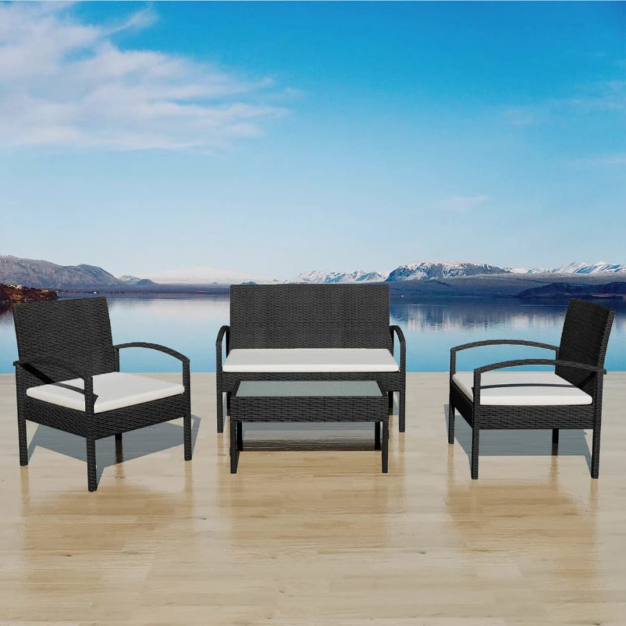 Set Mobilier De Grădină Cu Perne, 4 Piese, Negru, Poliratan