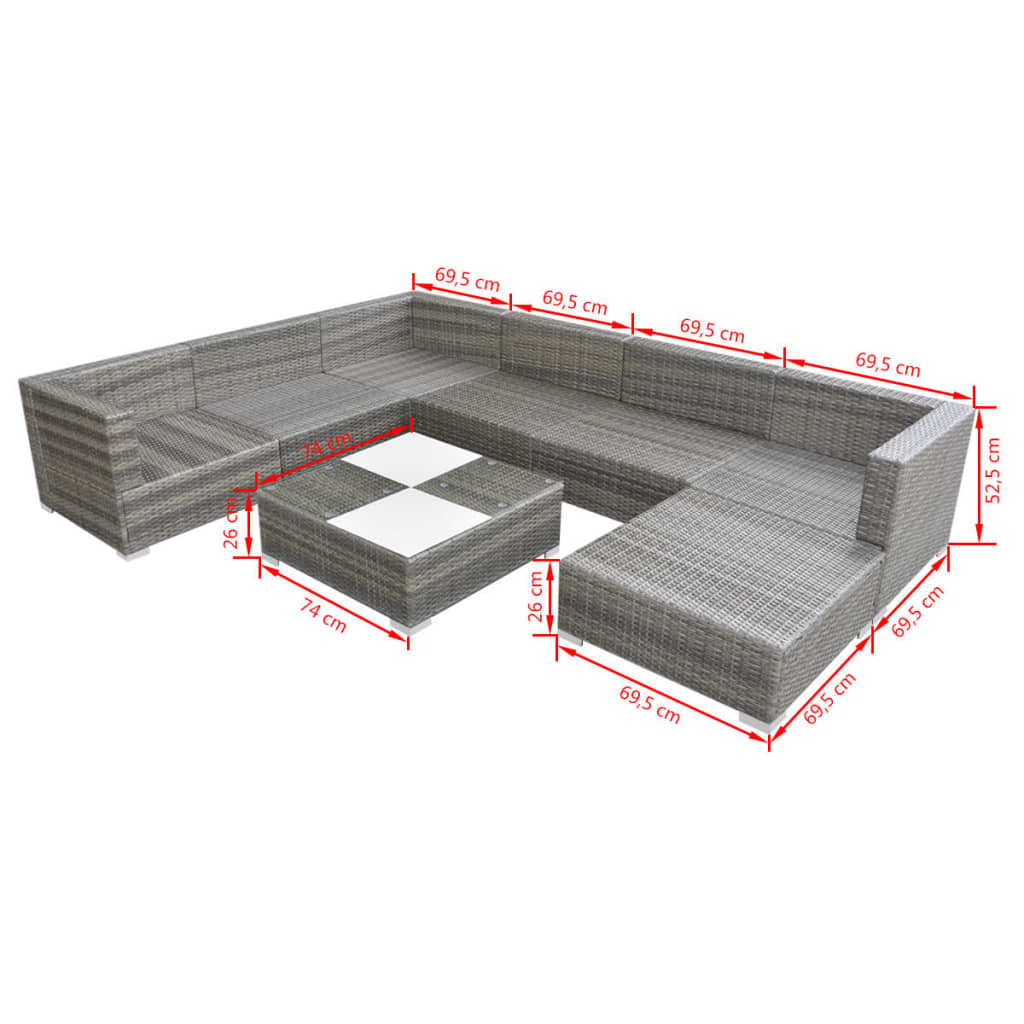 Set Mobilier De Grădină Cu Perne, 8 Piese, Gri, Poliratan