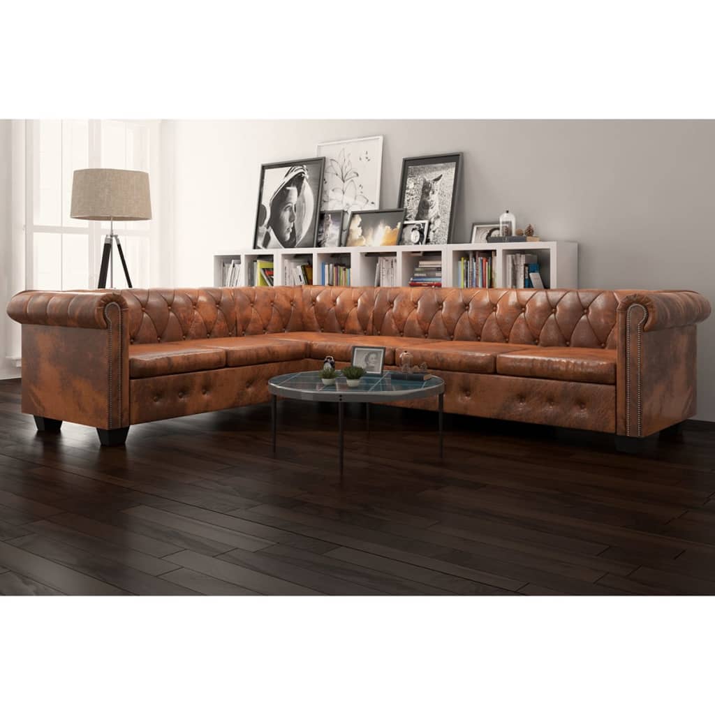 Canapea Colțar Chesterfield, 6 Locuri, Piele Artificială,