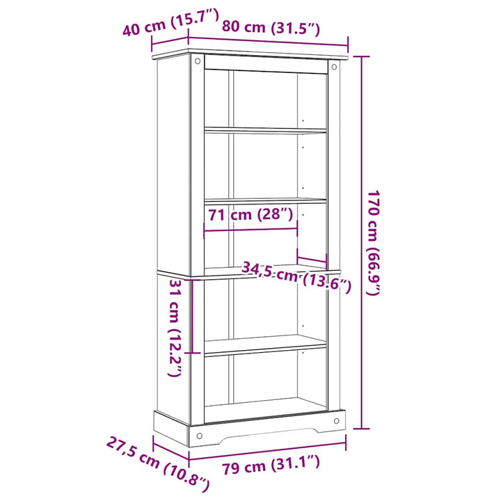 Bibliotecă 5 Rafturi, 81X40X, Pin Mexican, Stil Corona
