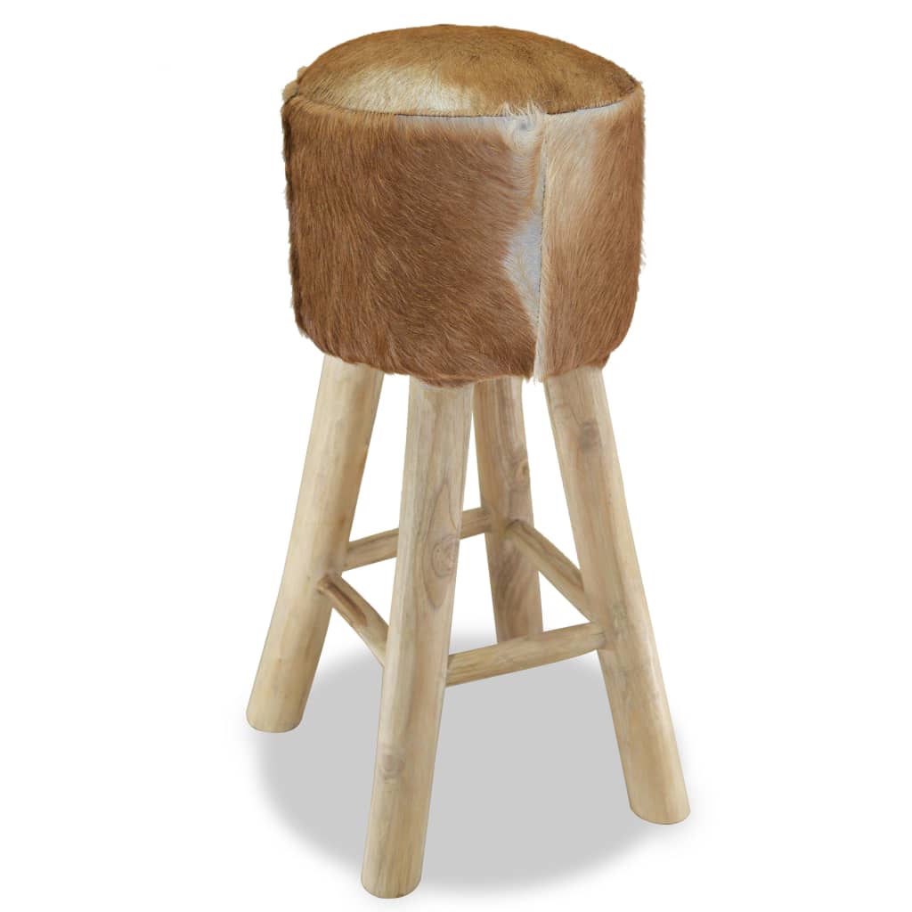 Taburet De Bar, Piele Naturală Și Lemn Masiv De Tec