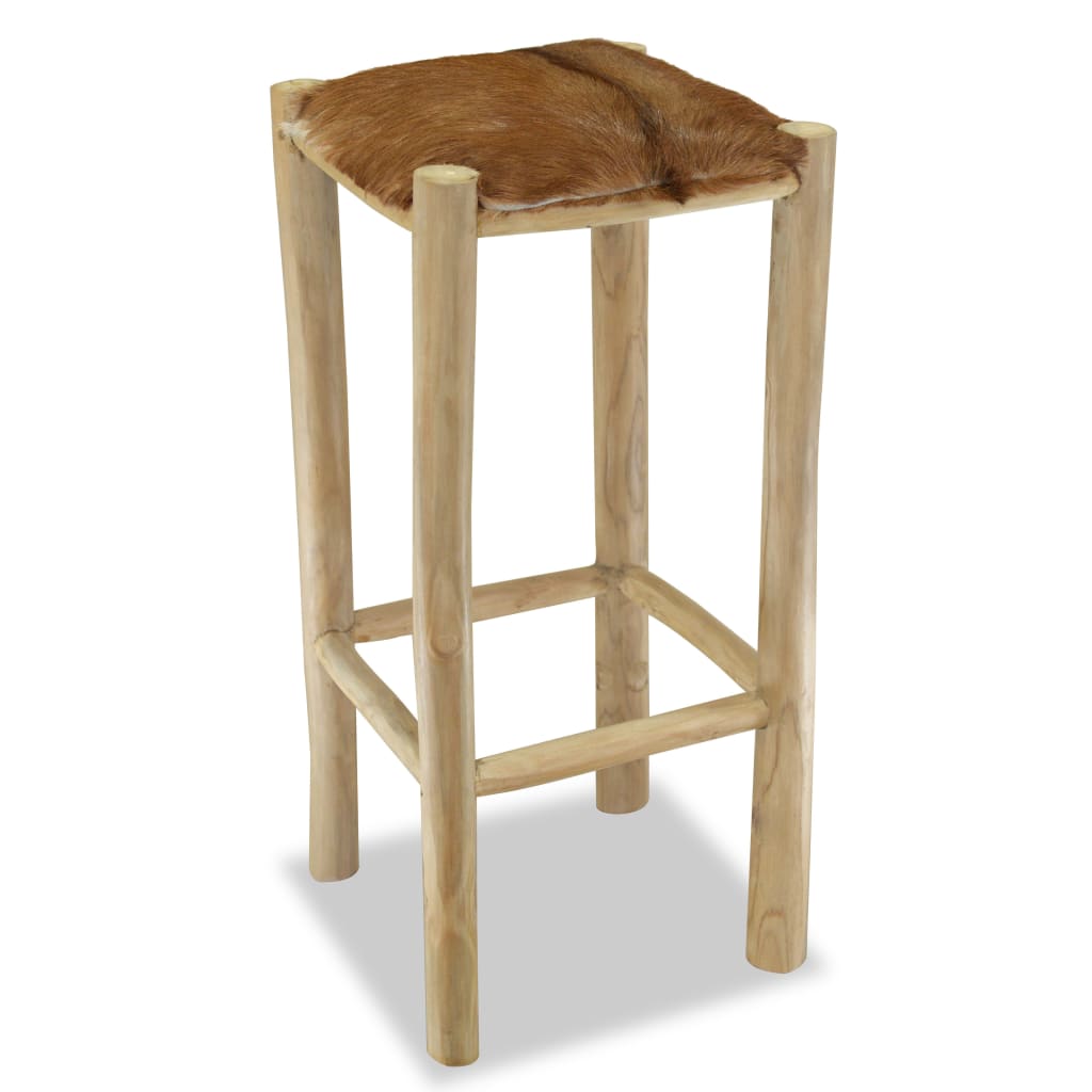 Taburet De Bar, Piele Naturală Și Lemn Masiv De Tec