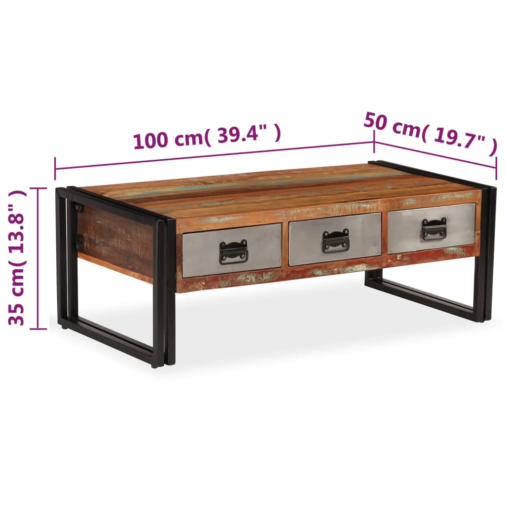 Măsuță De Cafea Cu 3 Sertare, 100X50X35 Cm, Lemn Masiv Reciclat