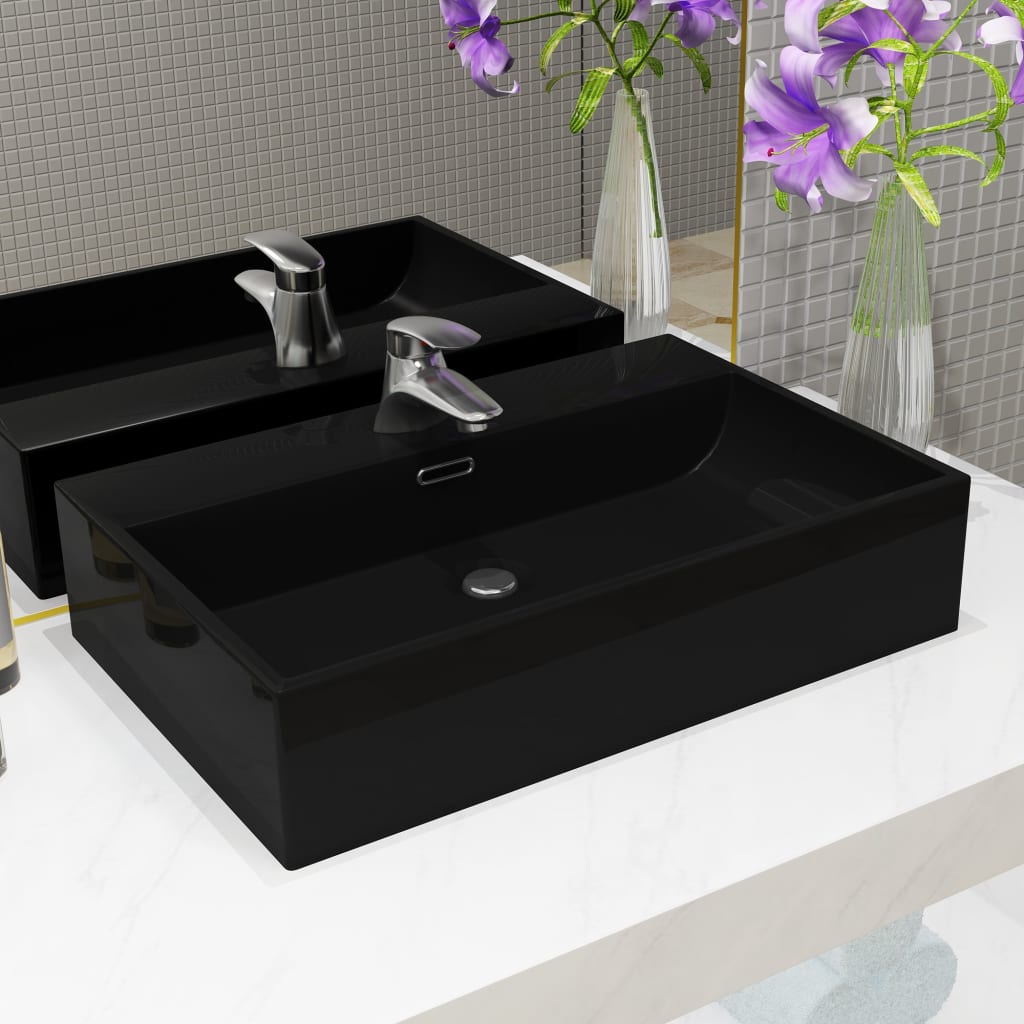 Bazin Cu Orificiu Robinet Ceramică, 60,5X42,5X14,5 Cm, Negru