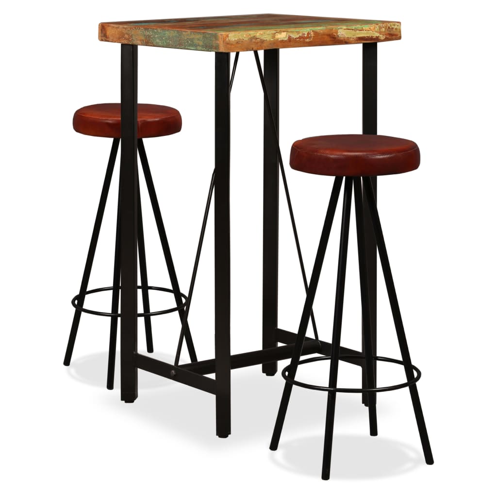 Set Mobilier Bar, 3 Piese Lemn Masiv Reciclat Și Piele Naturală