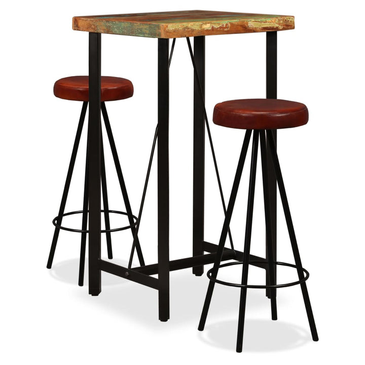 Set Mobilier Bar, 3 Piese Lemn Masiv Reciclat Și Piele Naturală