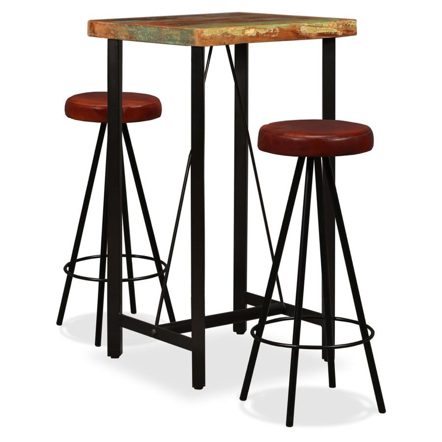 Set Mobilier Bar, 3 Piese Lemn Masiv Reciclat Și Piele Naturală
