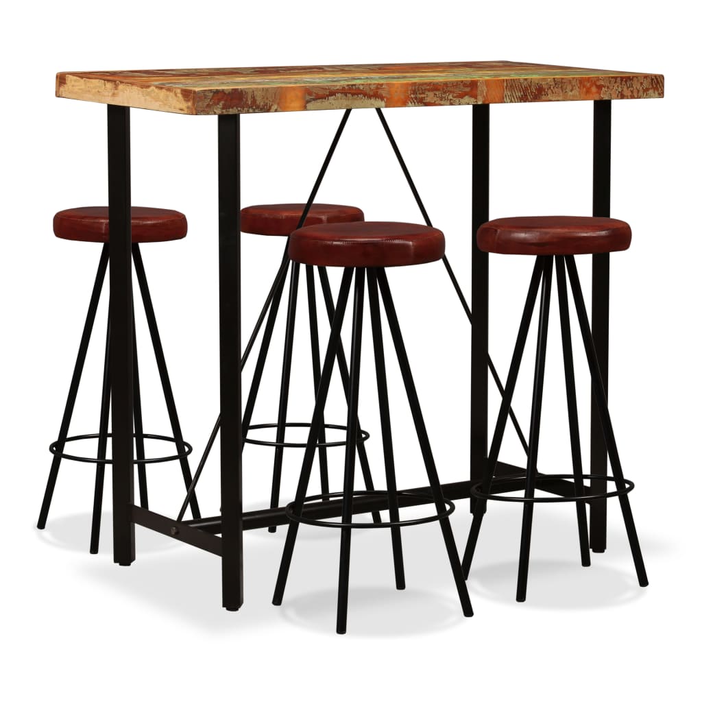 Set Mobilier Bar, 3 Piese Lemn Masiv Reciclat Și Piele Naturală