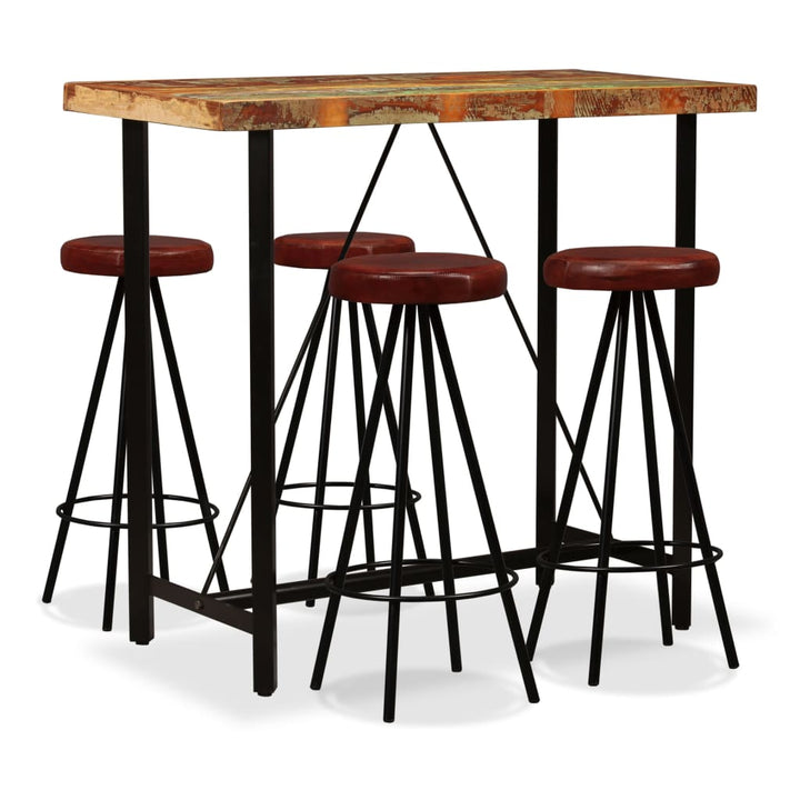 Set Mobilier Bar, 3 Piese Lemn Masiv Reciclat Și Piele Naturală