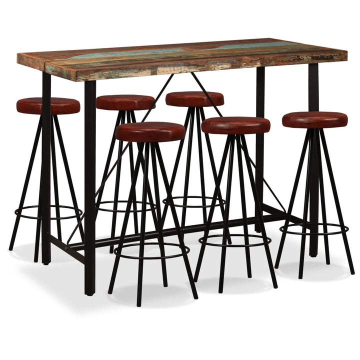 Set Mobilier Bar, 3 Piese Lemn Masiv Reciclat Și Piele Naturală